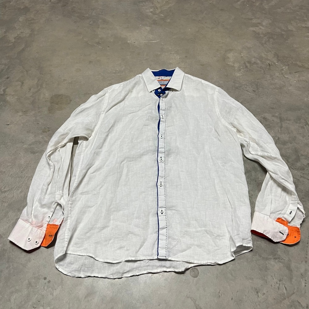 ENVY 100% Linen Collection Mens XL White Button Down Shirt Shark Print Turkey